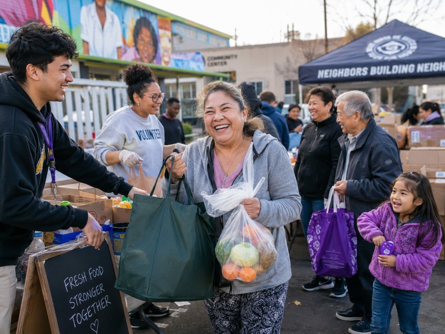 A volunteer handing groceries to a neighbor at a food share